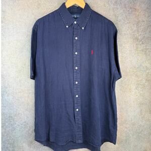 VTG 90s Polo Ralph Lauren 100% Linen Shirt Mens Sz L Navy Blue Blake Shirt